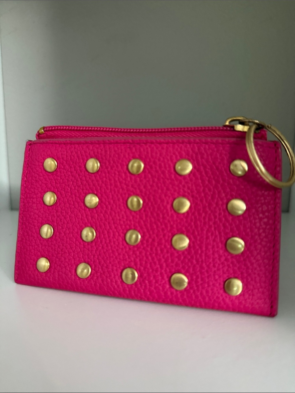 J. Crew Hot Pink Leather Studded Zip Pouch with Key Ring
